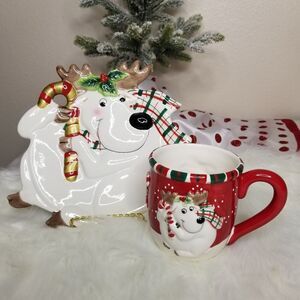 Fitz and Floyd Gift Gallery Christmas Reindeer Holiday Mug And Cookie Plate Set